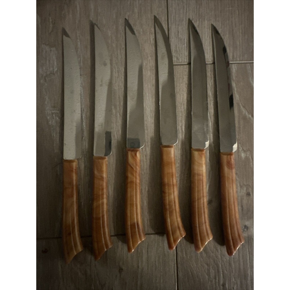 6 Real Keen Steak Knife Set Of Six Stainless Steel Caramel Bakelite Handle‎